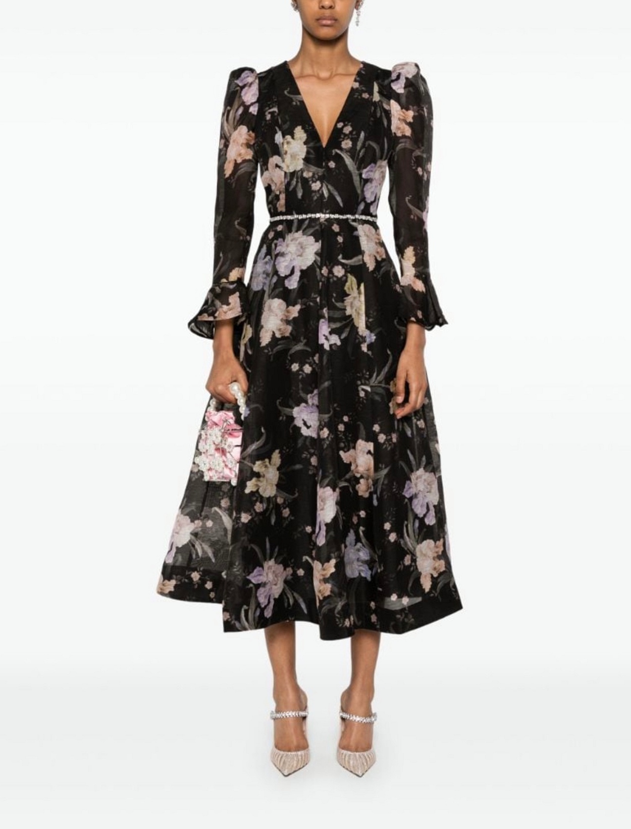 Zimmermann Dark Floral Print Midi Dress Crystal Waist Trim Puff Shoulder Dress